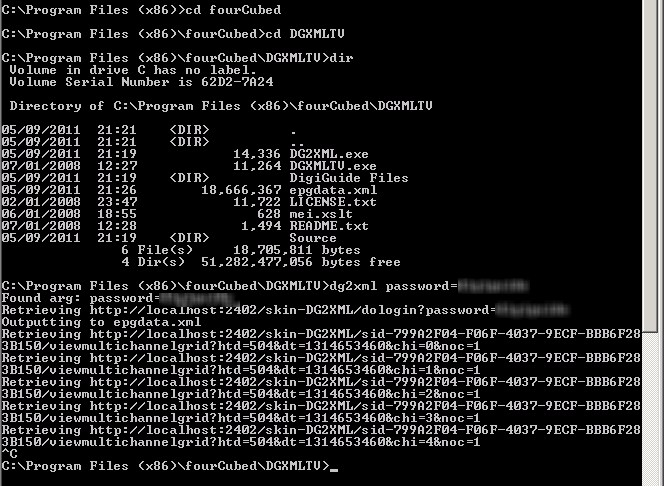 Screenshot of running dg2xml manually